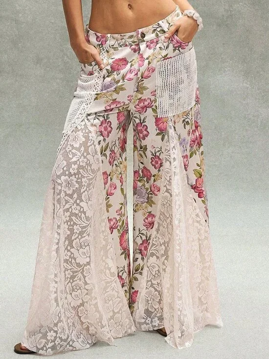 Khaki Boho Women's Casual Ditsy Floral Lace Loose Wide-Leg Low-Waist Pants - Picture 8 of 8